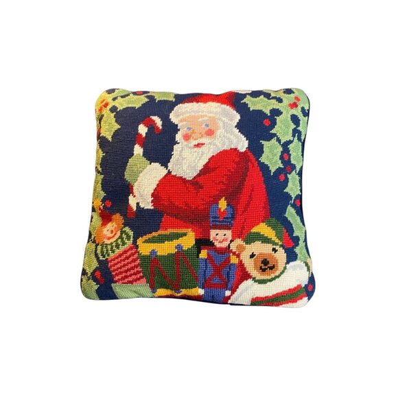Vintage 90s needlepoint Santa Christmas holiday pillow 14 x 14 - Picture 1 of 3
